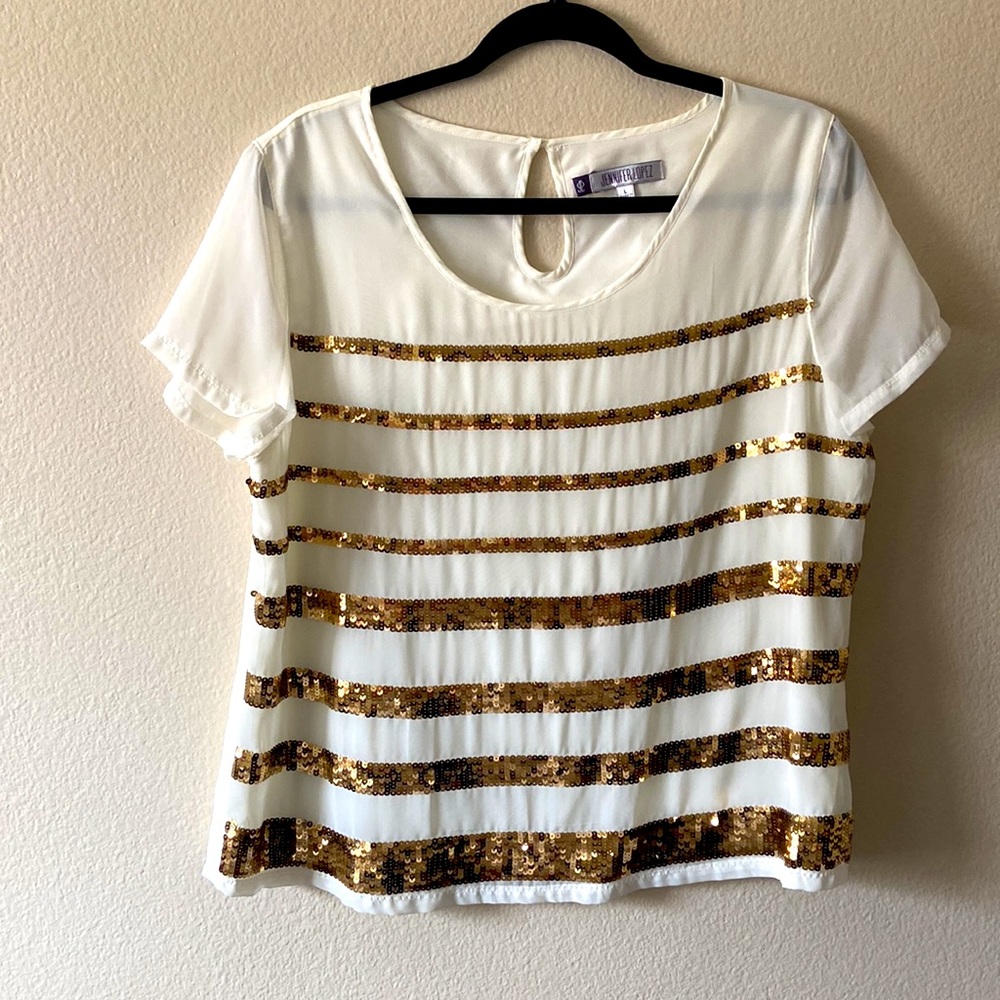 Jennifer Lopez Semi Sheer Ivory With Gold Sequence Blouse